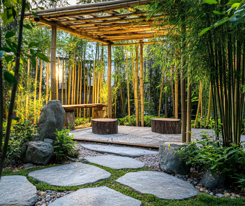 A cozy bamboo courtyard with rattan chairs and a tea table on a pebbled floor, surrounded by tall Phyllostachys aurea and lush foliage.