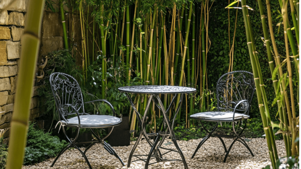 Visit the Bamboo Shop – Phyllostachys aurea and more A quiet bamboo patio, where two empty chairs wait for a conversation to begin.
