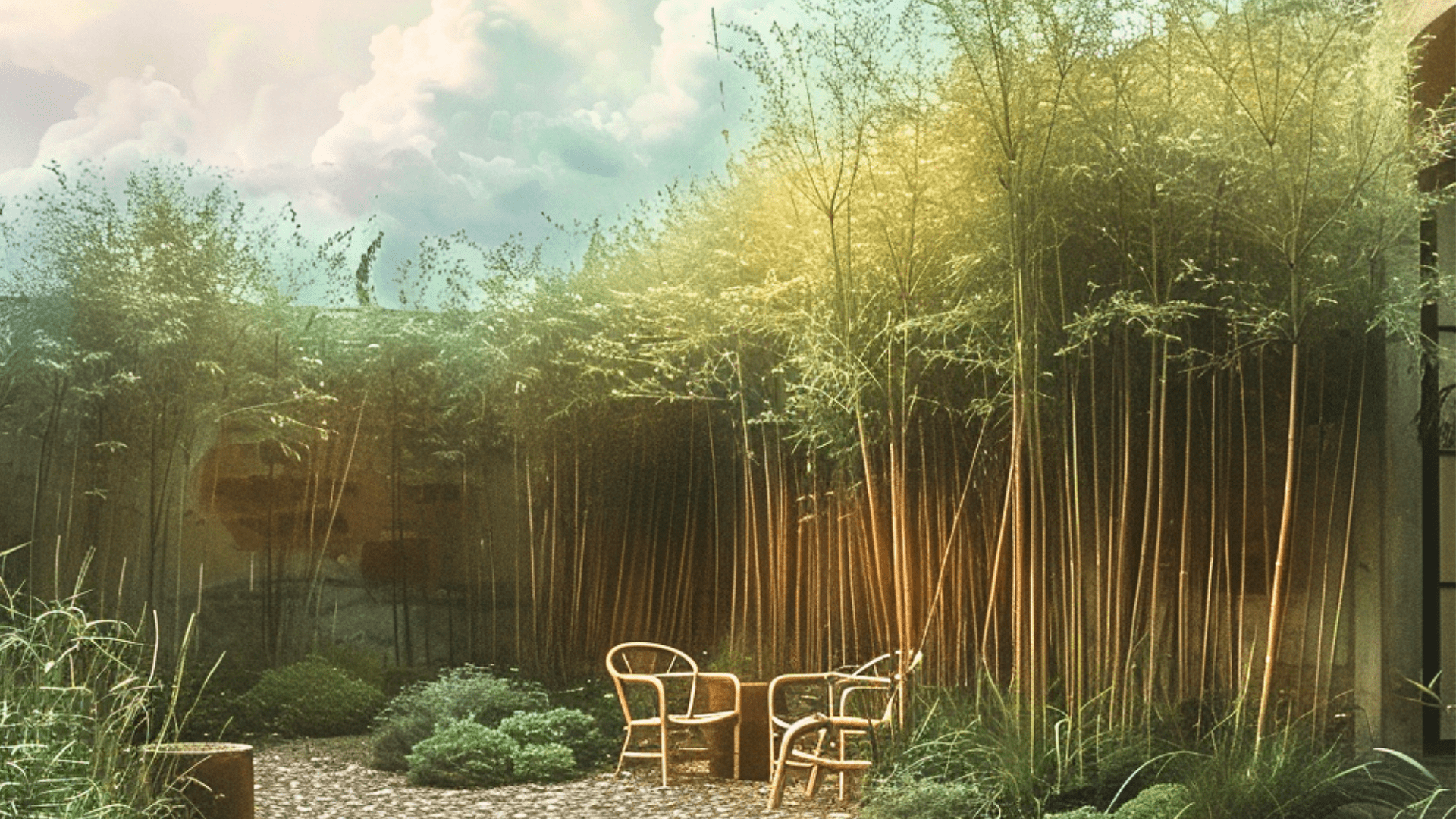 A pair of bamboo chairs facing each other in a garden courtyard, surrounded by tall Phyllostachys aurea (Golden Bamboo) under soft evening light.