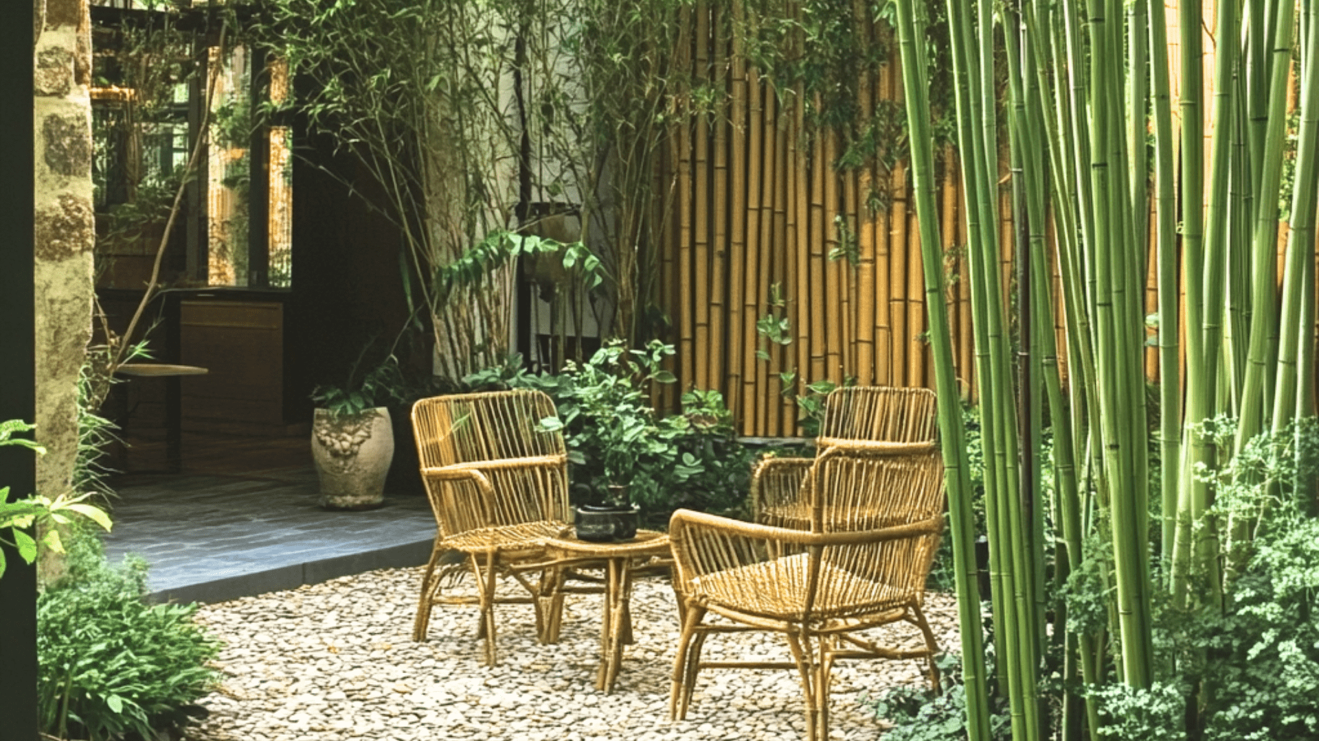 A peaceful bamboo courtyard with rattan chairs and a tea table on a pebbled floor, surrounded by tall Phyllostachys aurea and lush foliage.
