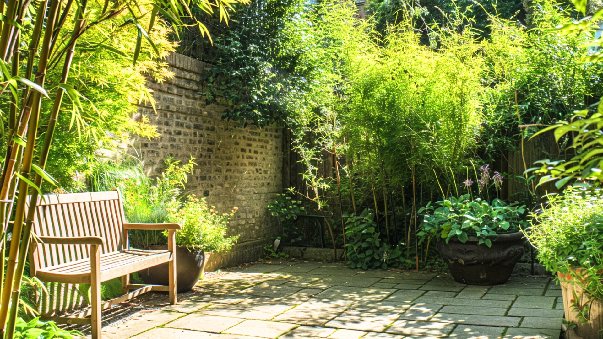 A peaceful bamboo courtyard with golden Phyllostachys aurea, a wooden bench, and sunlight filtering through the leaves