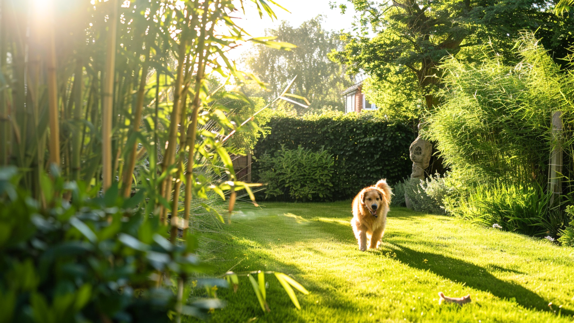 Golden retriever dog walking through a sunlit garden lined with Phyllostachys aurea (Golden Bamboo) and lush greenery.