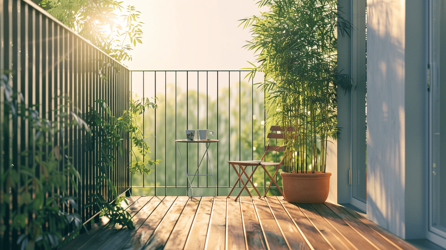 A sunny urban balcony with potted Phyllostachys aurea bamboo, a wooden chair, and a coffee table set for two, bathed in morning light.