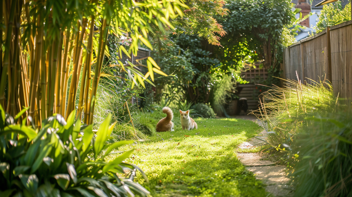 Two orange cats relaxing on a grassy garden path surrounded by Phyllostachys aurea (Golden Bamboo) and summer foliage.