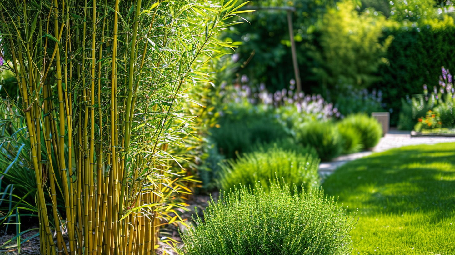 Dense rosemary bushes and clumping bamboo in a sunny Horsham garden, forming a fragrant herbal screen