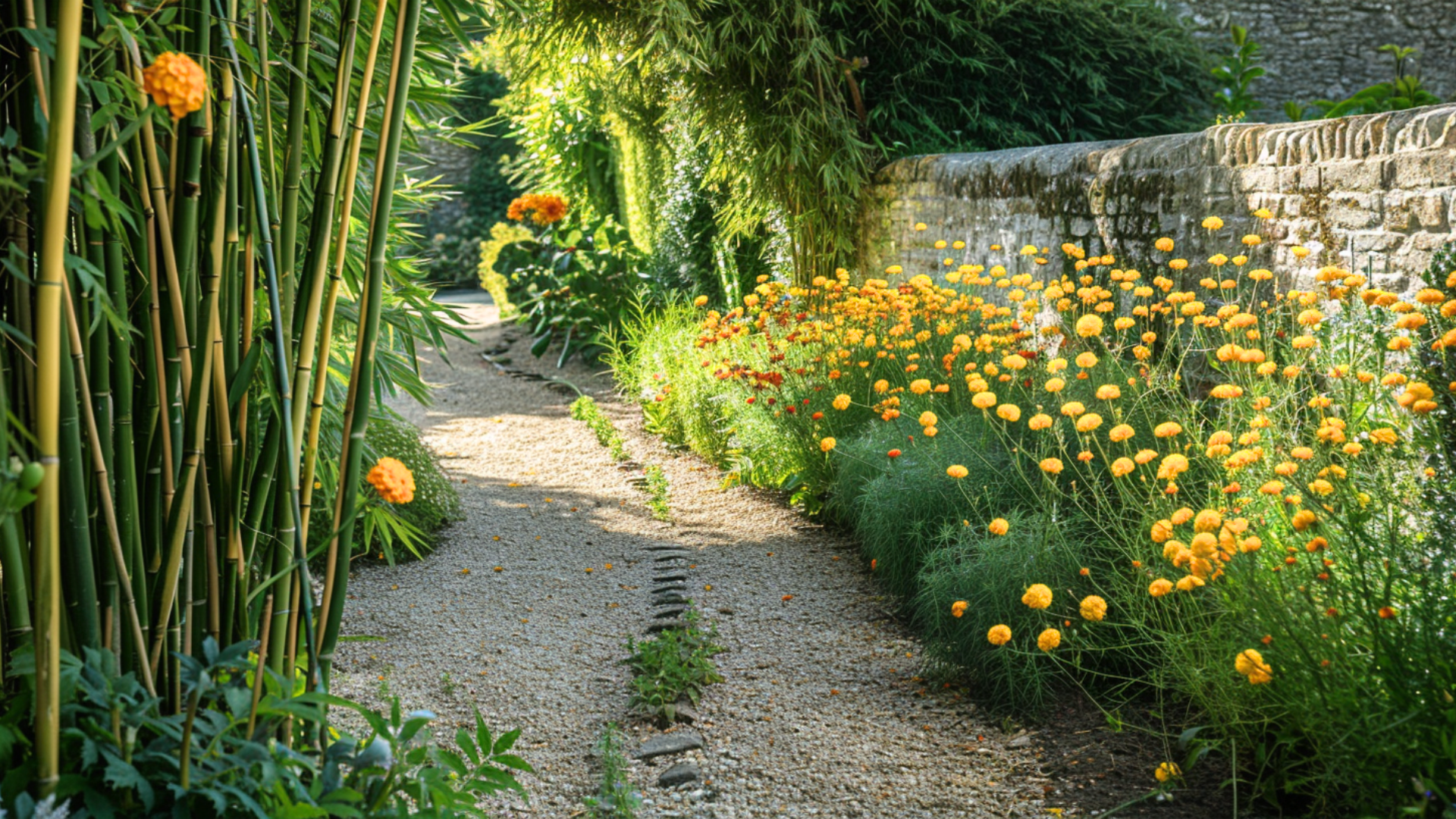 Golden marigolds blooming beside vertical bamboo canes in an Arundel garden.