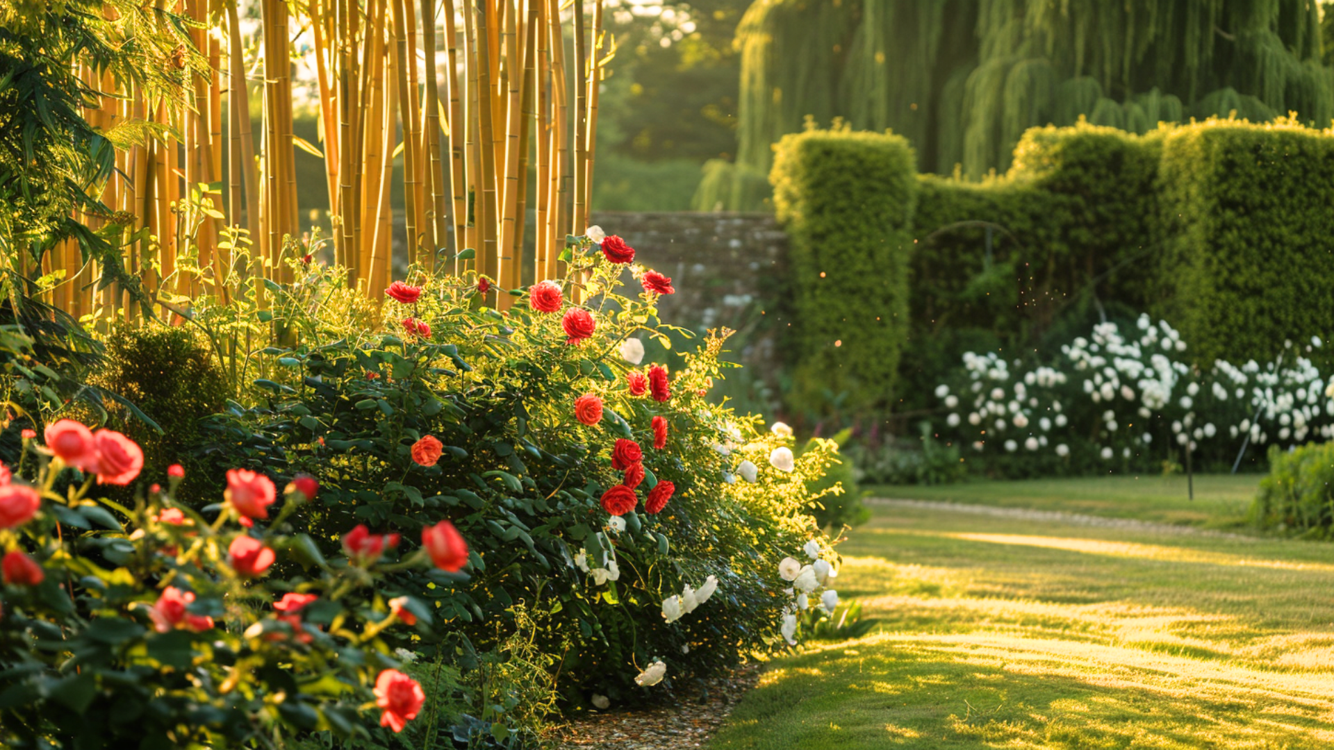 Red and white roses blooming beside golden bamboo stalks in an English garden in Petworth, West Sussex, during golden hour sunlight.